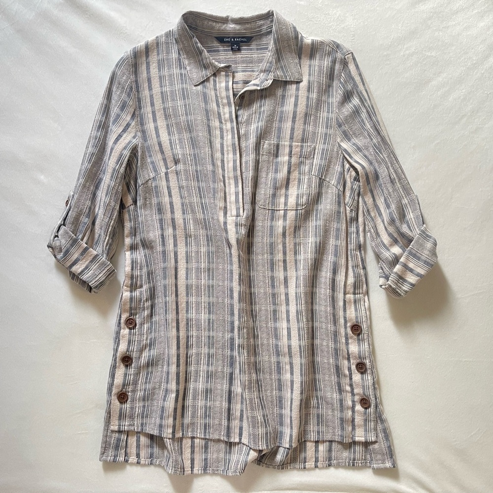 Zac & Rachel Neutral Tone Striped 1/2 Collared Button-Down Blouse